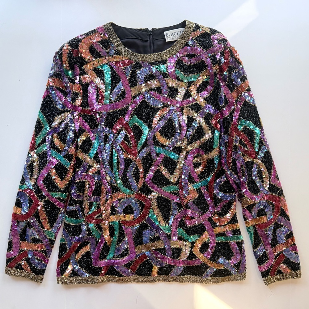 Vintage Oleg Cassini Black Tie Sequin & Beaded Silk Multicolor Long Sleeve Top L
